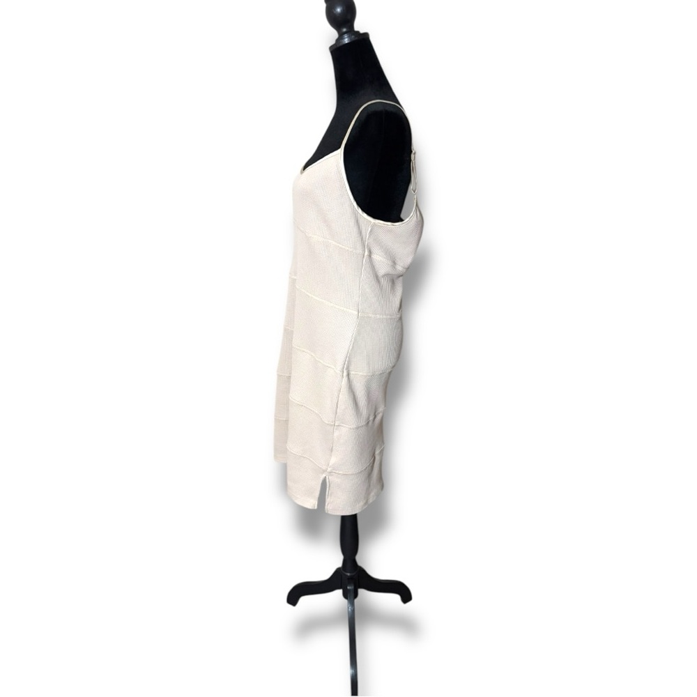 Current Air Cream Waffle Knit Side Slit Thin Strap Sleeveless Mini Dress - Picture 3 of 14